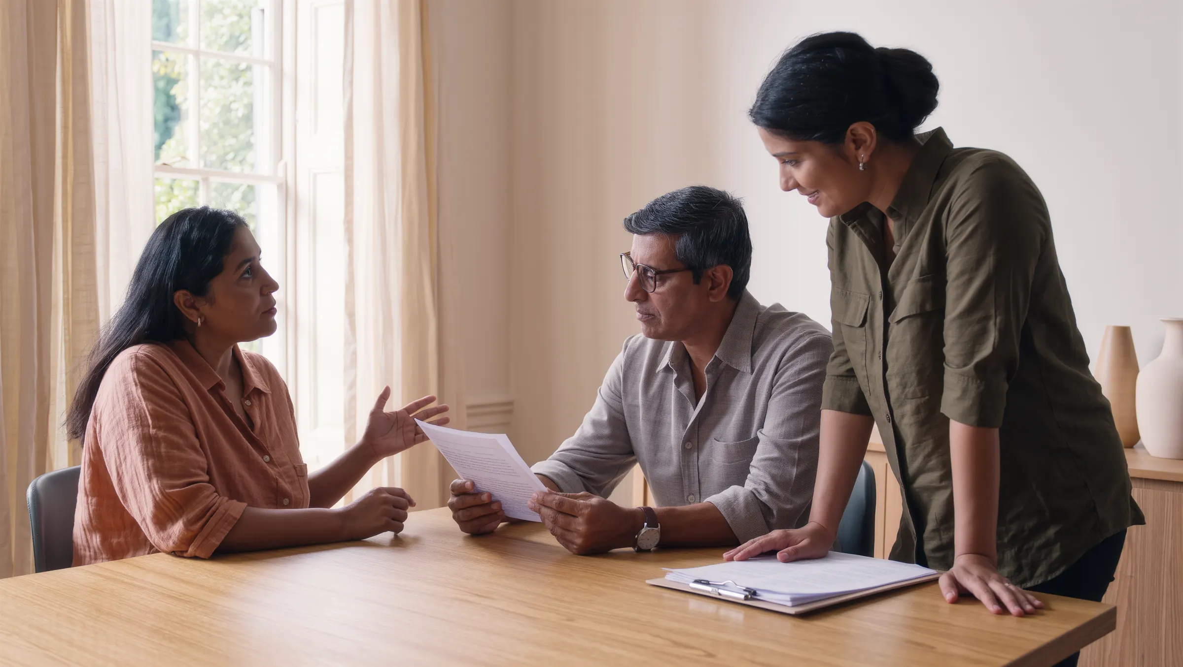 Three colleagues working through printed pages together at a table beside a window, one speaking while the others read.